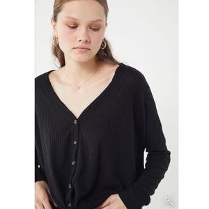 Black UO Waffle Knit Button-Up Sweater